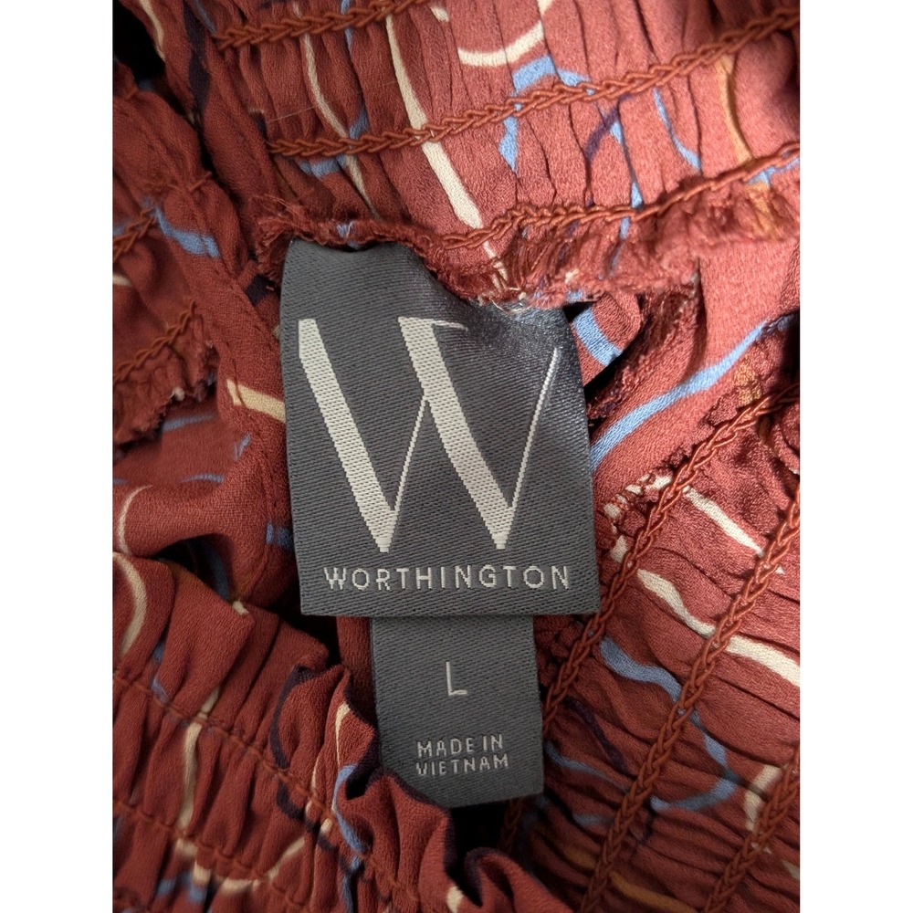 Worthington Long Sleeve Blouse Smocked Mock Neck Abstract Print Top Size L - Picture 7 of 8